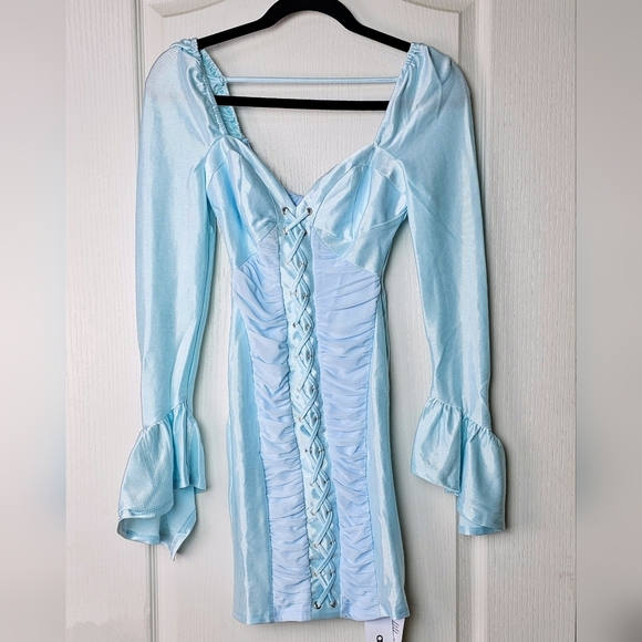 ASOS DESIGN Women's Cup Lace-Up Long Sleeve Mini Dress, Light Blue, Multiple Szs - Picture 8 of 13
